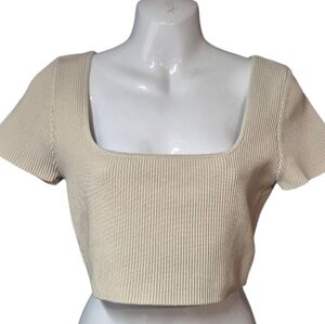 Babaton Short Sleeve  Ribbed Crop Top Women's Size Large Neutral Square Neck